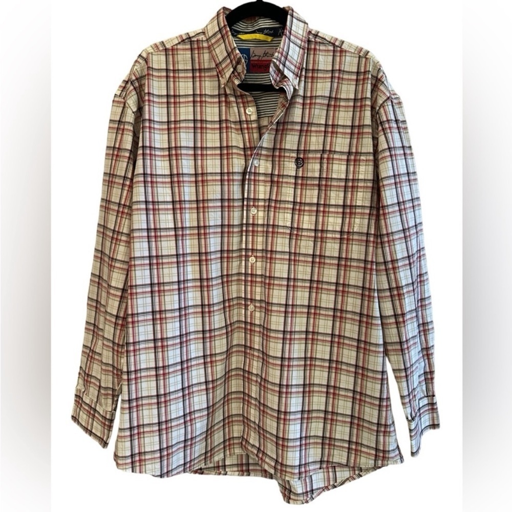George Strait men's western shirt - cream with black, red and tan plaid …